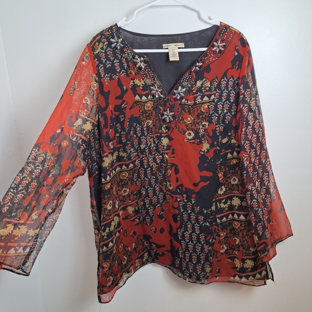 Edward Woman‎ Burnt Orange Black Mixed Media Whimsygoth 100% Silk Blouse Size 1X